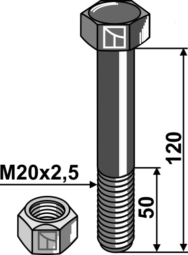 Bolt M20 x 2,5 x 120 + låsemutter